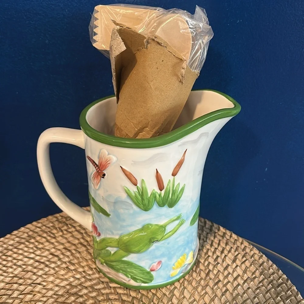 New Frog Hand Painted Ceramic 7 Wooden Kitchen Accessories Set 8.5” Tall